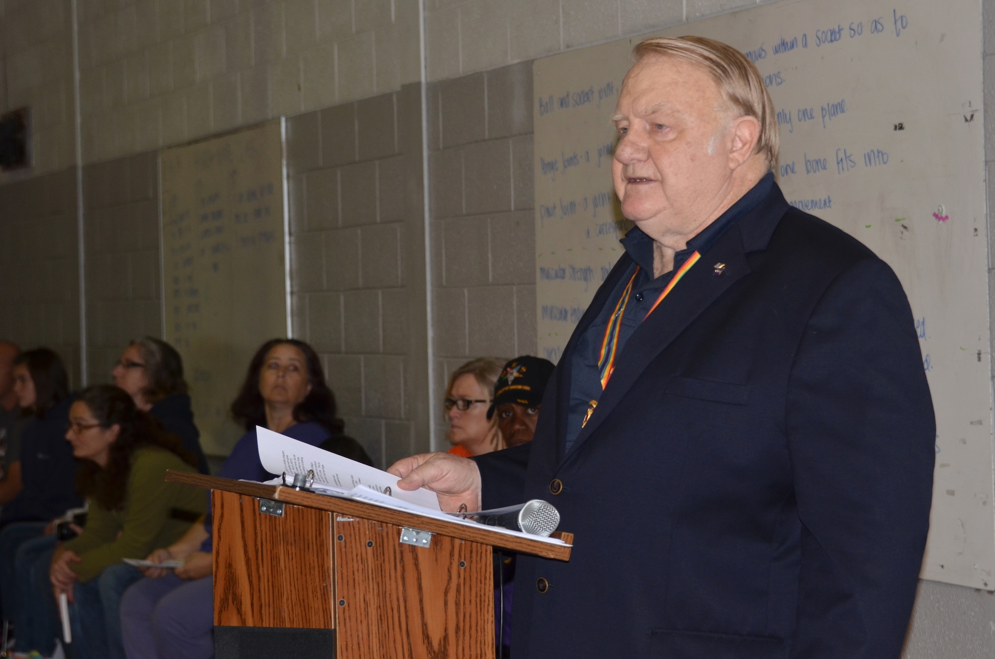 Retired U.S. Air Force Col. William Townsley speaks during the opening ceremony or the Hampton Roads Junior ROTC Drill Competition at Northampton Community Center in Hampton, Va., Oct. 24, 2015. The chapter hosted the competition to showcase the talent and dedication of local Junior ROTC cadets and provide family members an opportunity to watch the drill performances. (U.S. Air Force photo by Master Sgt. April Wickes/Released) 