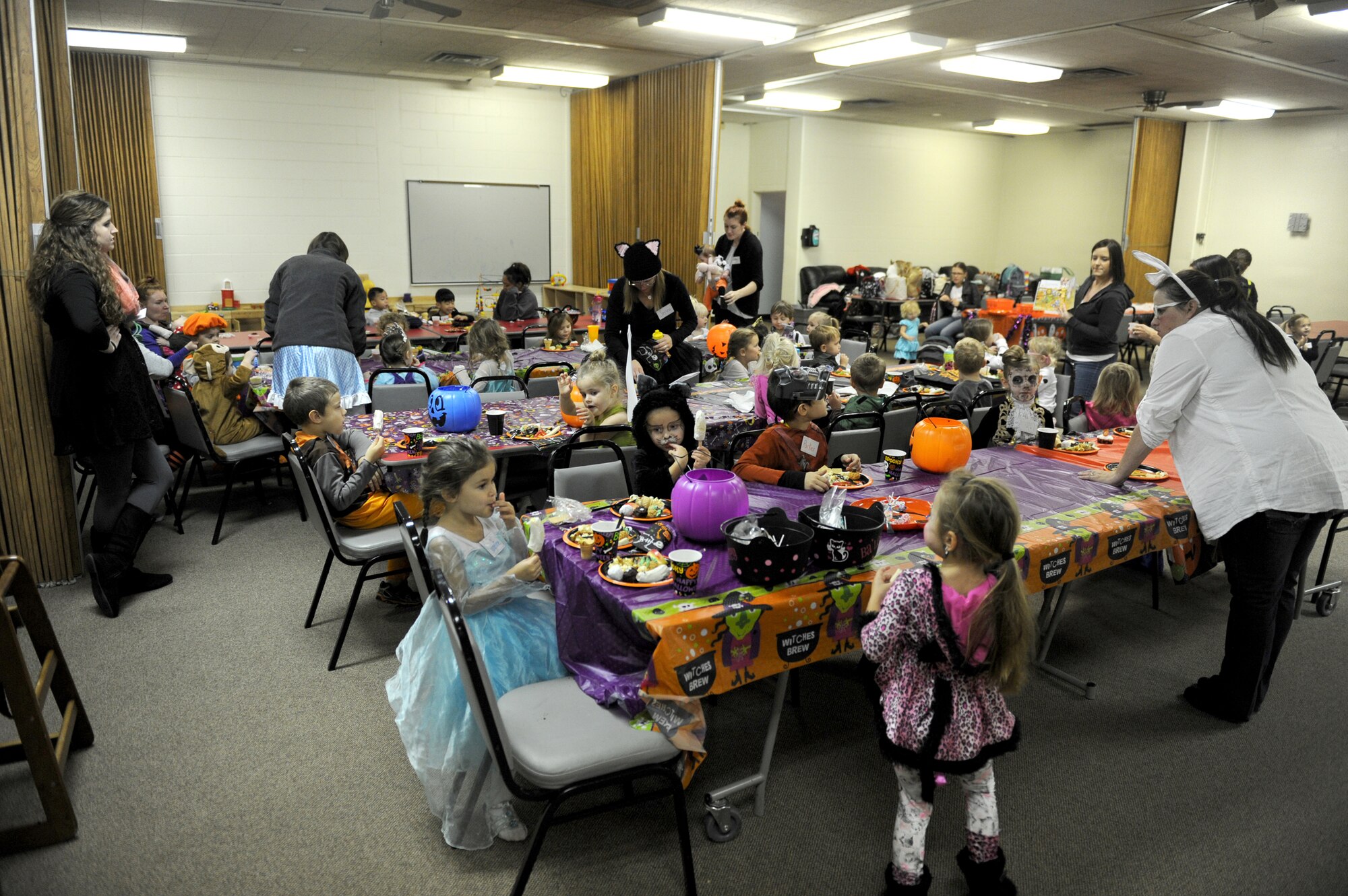 Children from the Preschool Co-op Home School Group at Minot Air Force Base, N.D., Oct. 26, 2015. The children were participating in a Halloween party during their weekly co-op meeting which brings children together from different families who are home schooled on Minot AFB. (U.S. Air Force photo by Staff Sgt. Chad Trujillo)