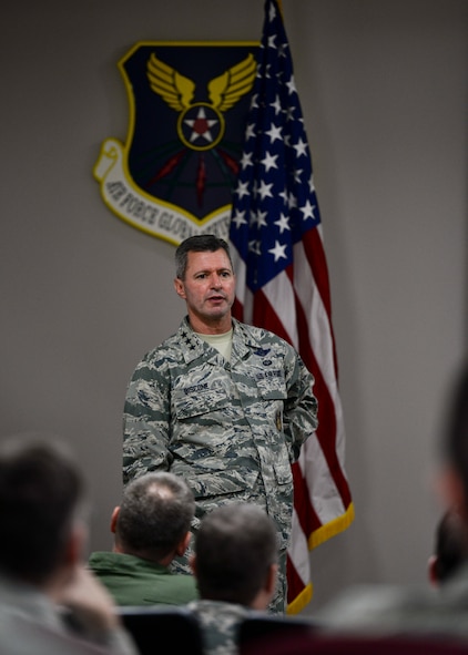 Lt. Gen. Greg Biscone, Inspector General of the Air Force, speaks to Airmen at the 91st Missile Wing Headquarters at Minot Air Force Base, N.D., Oct. 26, 2015.  The purpose of Biscone’s visit was to collect feedback on I.G. policies and procedures.
(U.S. Air Force photo/Airman 1st Class J.T. Armstrong)
