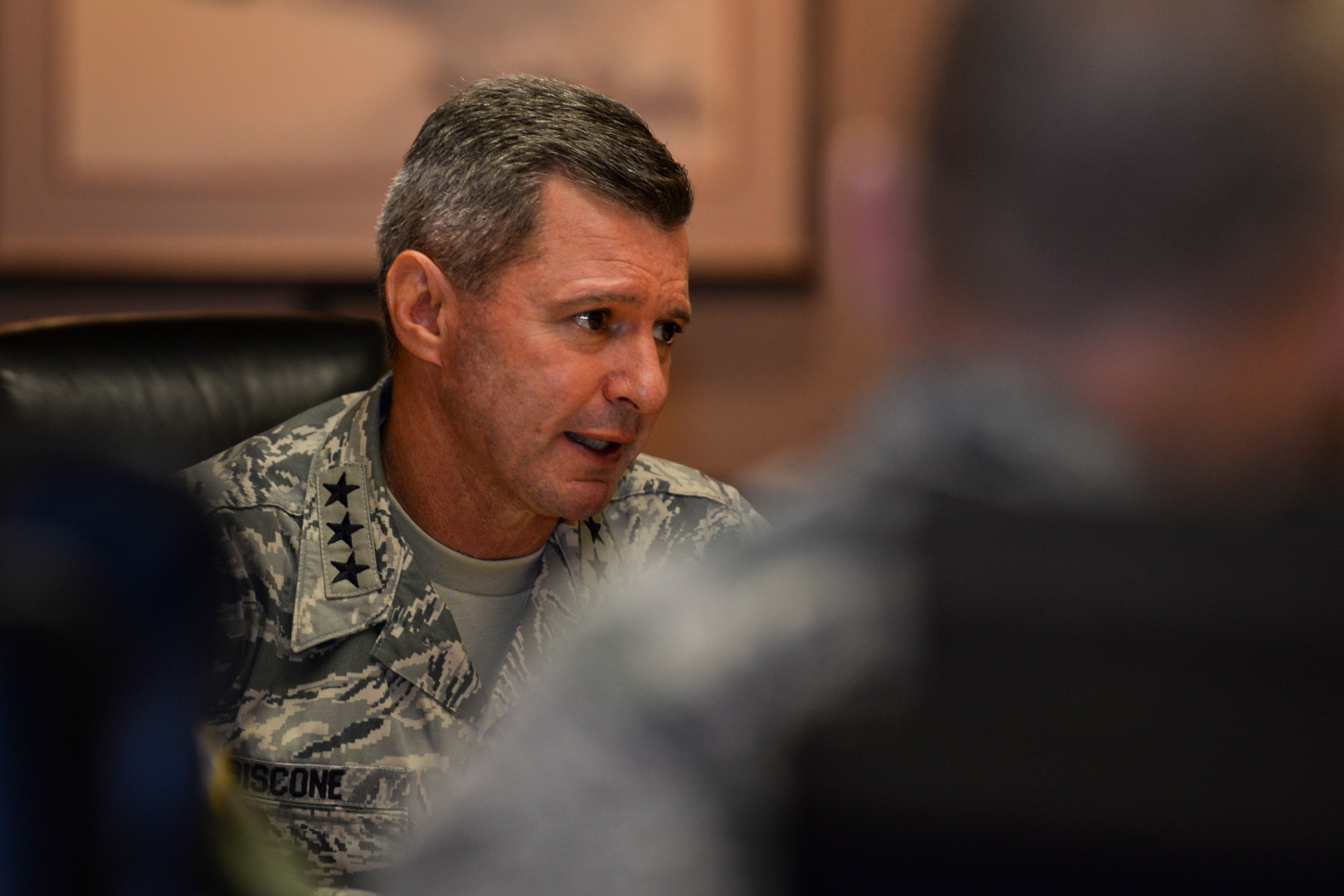 Lt. Gen. Greg Biscone, Inspector General of the Air Force, speaks to the 5th Bomb Wing and 91st Missile Wing leadership at Minot Air Force Base, N.D., Oct. 26, 2015.  The purpose of Biscone’s visit was to collect feedback on I.G. policies and procedures.
(U.S. Air Force photo/Airman 1st Class J.T. Armstrong)
