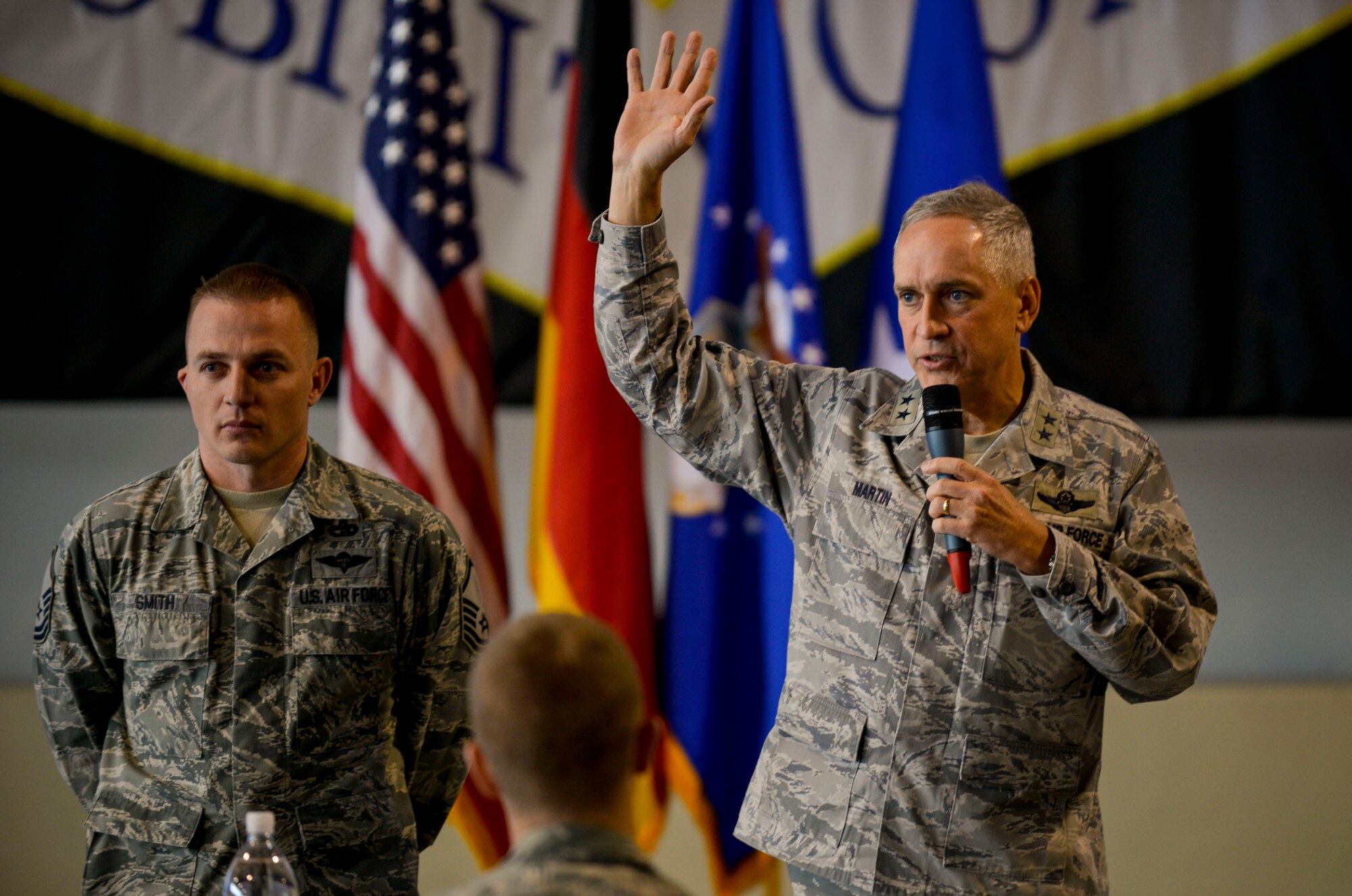 Maj. Gen. Frederick H. Rick Martin, U.S. Air Force Expeditionary Center commander, speaks during an all-call Oct. 13, 2015, at Ramstein Air Base, Germany. During the all-call, Martin spoke to Airmen about the future of the Air Force and commended them for their impact on the Air Mobility Command mission. (U.S. Air Force photo/Senior Airman Nicole Sikorski)