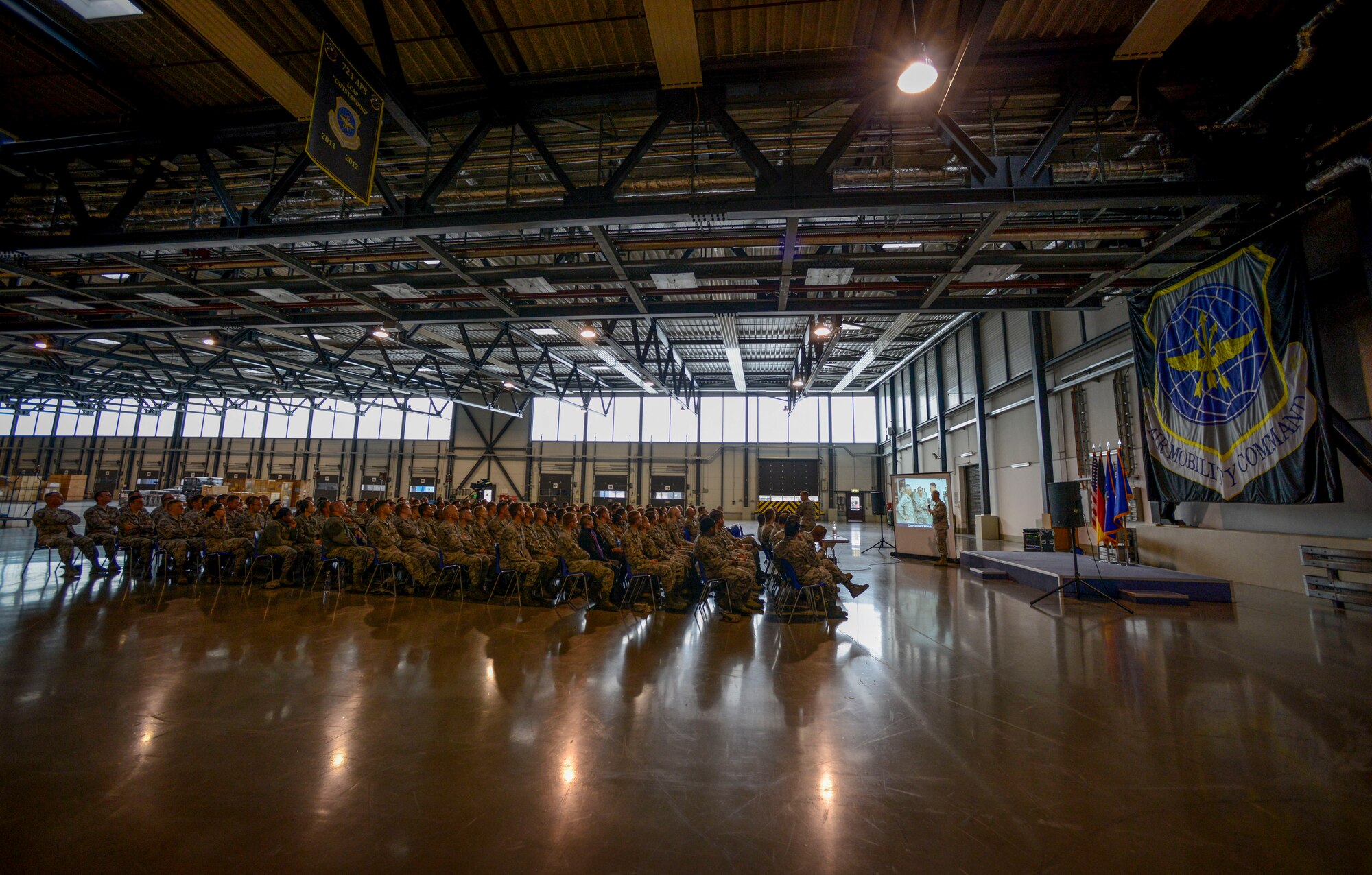 Airmen from the 521st Air Mobility Operations Wing gather for an all-call Oct. 13, 2015, at Ramstein Air Base, Germany.  Maj. Gen. Frederick H. Rick Martin, U.S. Air Force Expeditionary Center commander, spoke at the all-call during his visit to Ramstein. (U.S. Air Force photo/Senior Airman Nicole Sikorski)