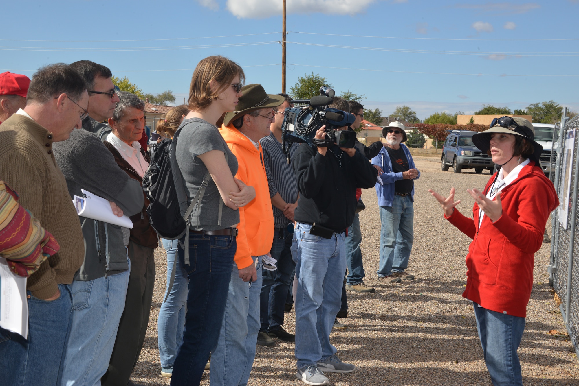 Dr. Adria Bodour, Air Force Civil Engineer Center, talks to members of the public at a tour of Kirtland's Bulk Fuels Facility Oct. 24. Bodour is the Air Force's lead scientist working on the fuel spill cleanup. (Photo by Dennis Carlson)