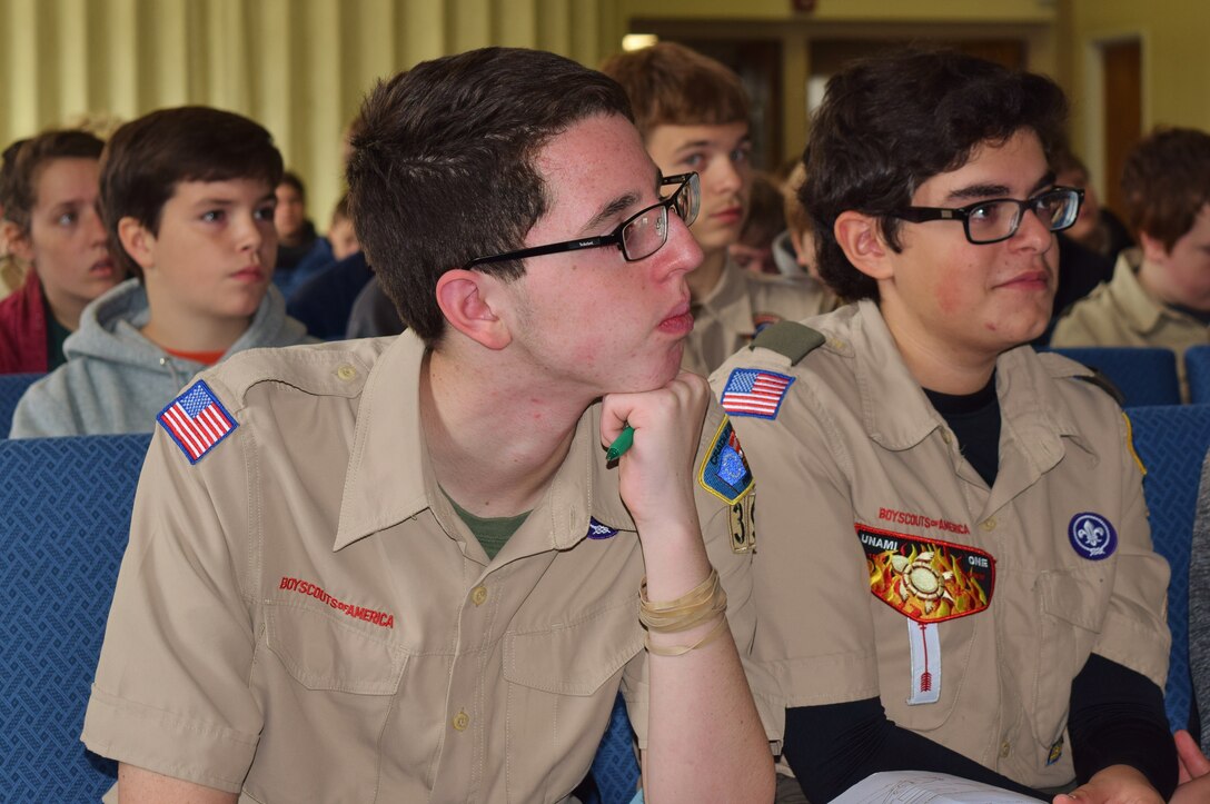 Members of the Cradle of Liberty, Boy Scouts of America, attend an aviation seminar included as part of the requirements to earn the Aviation Merit Badge in a program held Oct. 24, 2015, at Horsham Air Guard Station, Pennsylvania. The program was part of a larger event entitled, “Rocket Into Scouting,” which was a BSA recruiting event held on base that attracted approximately 700 Scouts and their family members. (U.S. Air National Guard photo by Tech. Sgt. Andria Allmond/Released)