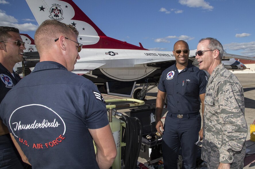 Brig. Gen. Bob LaBrutta, 502nd Air Base Wing and Joint Base San Antonio commander, visits with U.S. Air Force Air Demonstration Squadron "Thunderbirds" team members Oct. 26, 2015 at Joint Base San Antonio-Randolph, Texas. The Thunderbirds are performing in the 2015 Air Show and Open House to be held at JBSA- Randolph Oct. 31 and Nov. 1. (U.S. Air Force photo by Johnny Saldivar/Released)