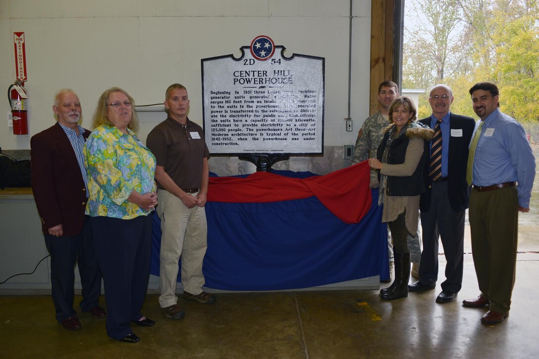 The U.S. Army Corps of Engineers Nashville District dedicates a Tennessee State Historical Marker at Center Hill Dam Oct. 27, 2015.  Left to right are David Nixon; Olga Beddingfield, U.S. Army Corps of Engineers Mid-Cumberland Area Operations manager; Jodie Craig, Center Hill Power Plant superintendent; Tennessee State Rep. Terri Lynn Weaver, District 40; Lt. Col. Stephen F. Murphy, U.S. Army Corps of Engineers Nashville District commander; Tim Stribling, Dekalb County mayor; and Center Hill Lake Resource Manager Kevin Salvilla.
