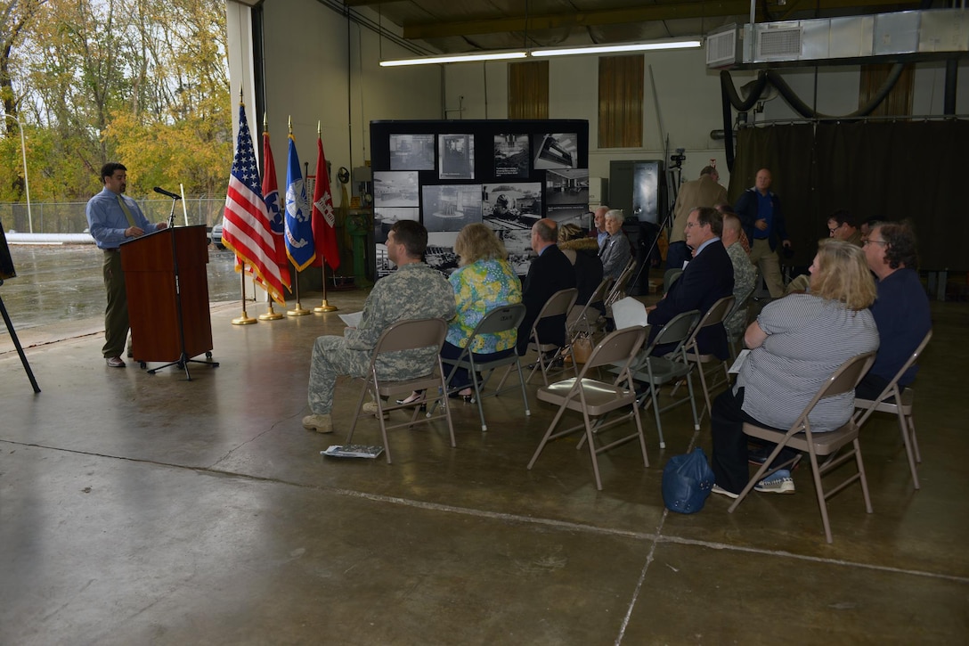Master of Ceremony Kevin Salvilla, U.S. Army Corps of Engineers Nashville District Center Hill Lake resource manager, speaks during a Tennessee Historical Marker dedication ceremony highlighting the technical significance of Center Hill Dam and Powerhouse at the dam in Lancaster, Tenn., Oct. 27, 2015.  