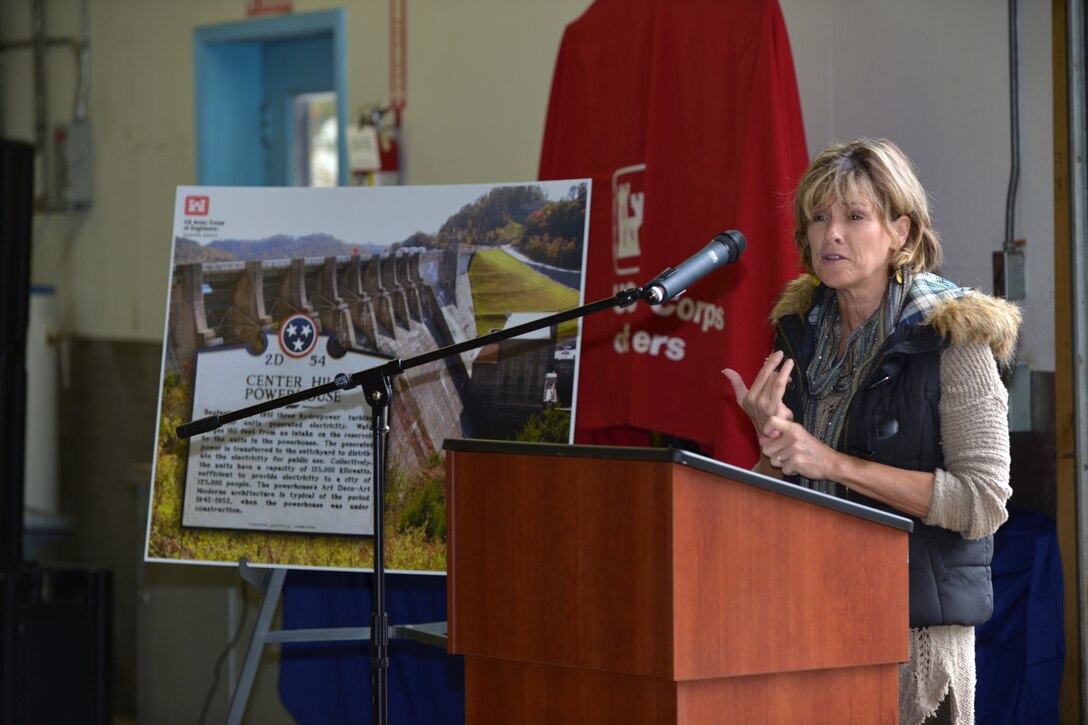 Tennessee State Rep. Terri Lynn Weaver, District 40, speaks at a historical marker dedication ceremony at Center Hill Dam Oct. 27, 2015.   Center Hill Dam is located on the Caney Fork River and is one of the multipurpose projects that make up the Corps of Engineers’ system for development of the water resources of the Cumberland River Basin.  The dam and Lake was authorized by the Flood Control Act of 1938 and the River and Harbor Act of 1946. The project was completed for flood control in 1948. Three power generating units provide a total hydroelectric capability of 135,000 kilowatts.