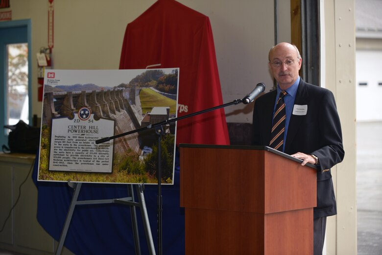 Tim Stribling, DeKalb County mayor, speaks during a dedication ceremony for a historical marker highlighting the technical significance of Center Hill Dam and Powerhouse during a ceremony at the dam in Lancaster, Tenn., Oct. 27, 2015.  