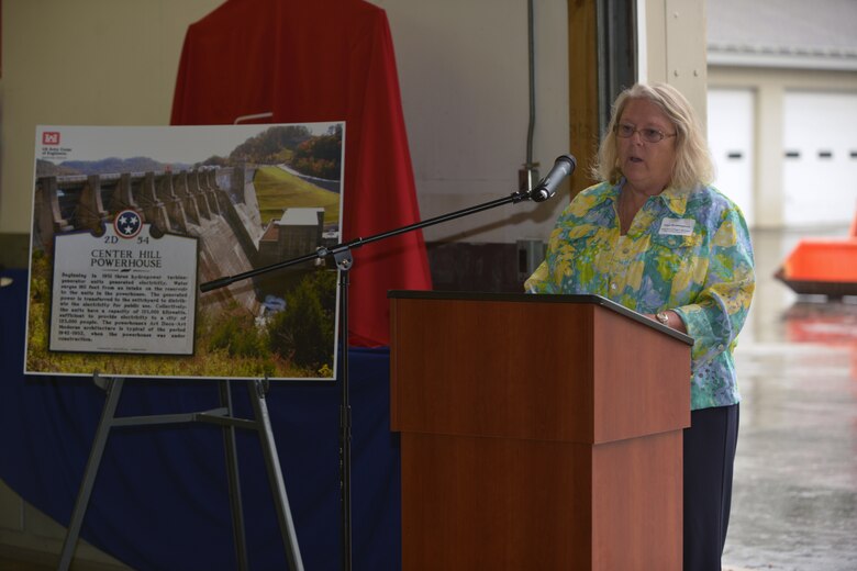 Olga Beddingfield, U.S. Army Corps of Engineers Nashville District Operations manager, speaks during a historical marker dedication ceremony at Center Hill Dam in Lancaster, Tenn., Oct. 27, 2015.