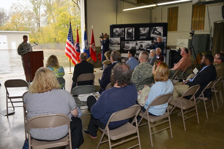 Lt. Col. Stephen F. Murphy, U.S. Army Corps of Engineers Nashville District commander, speaks during a Tennessee State Historical Marker dedication ceremony at Center Hill Dam Oct. 27, 2015.   The U.S. Army Corps of Engineers Nashville District Center Hill Dam is located on the Caney Fork River and is one of the multipurpose projects that make up the Corps of Engineers’ system for development of the water resources of the Cumberland River Basin.   