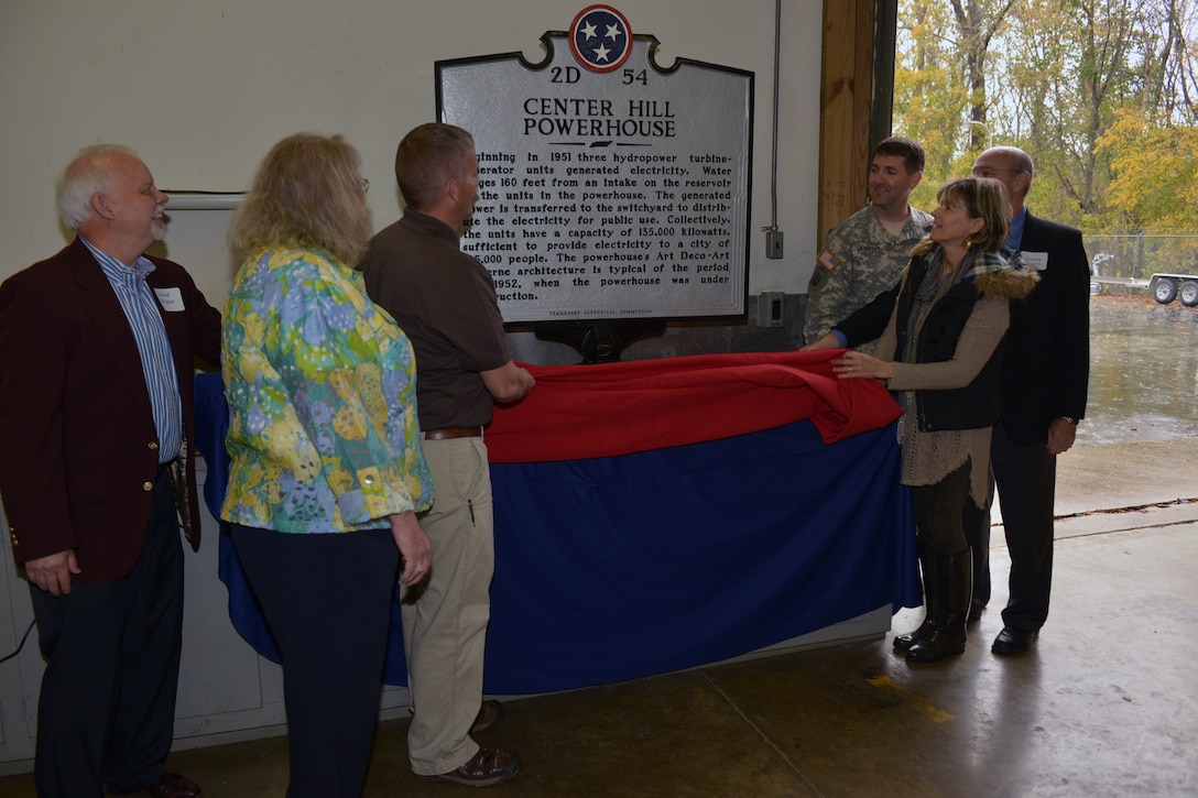 The U.S. Army Corps of Engineers Nashville District dedicates a historical marker at Center Hill Dam in Lancaster, Tenn., Oct. 27, 2015.  Left to right are David Nixon; Olga Beddingfield, U.S. Army Corps of Engineers Mid-Cumberland Area Operations manager; Jodie Craig, Center Hill Power Plant superintendent; Tennessee State Rep. Terri Lynn Weaver, District 40; Lt. Col. Stephen F. Murphy, U.S. Army Corps of Engineers Nashville District commander; Tim Stribling, Dekalb County Mayor; and Center Hill Lake Resource Manager Kevin Salvilla.