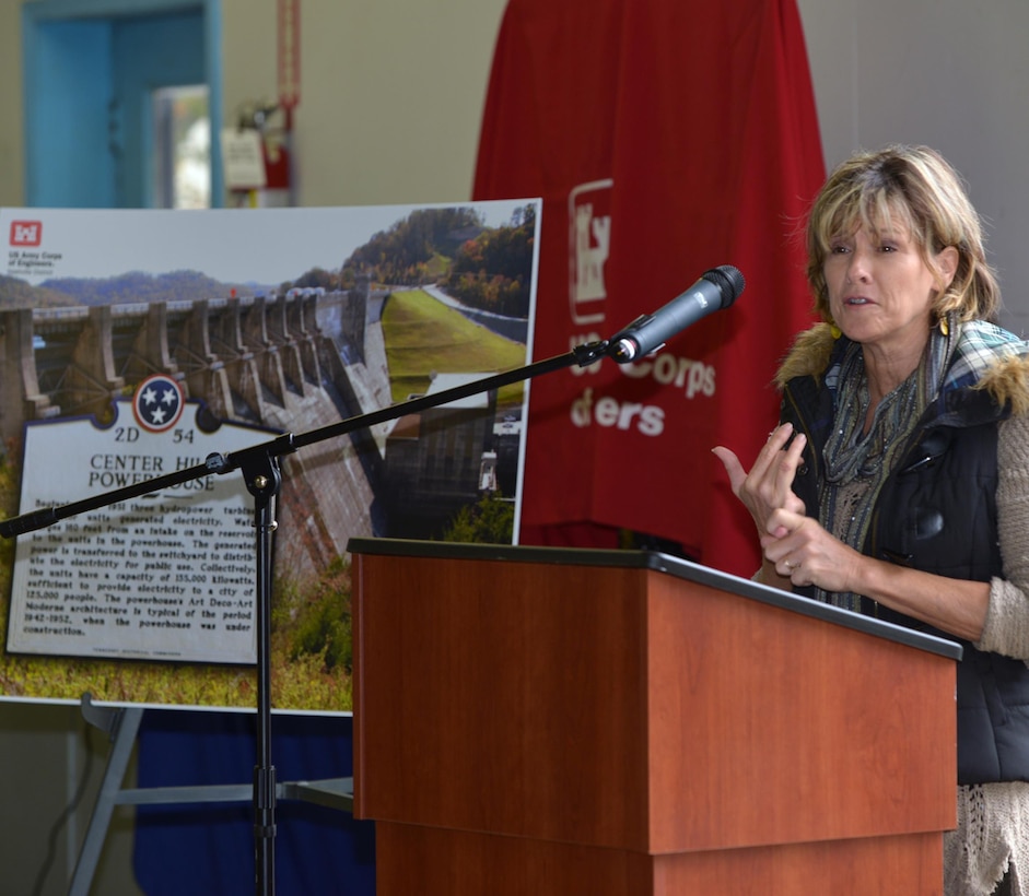 Tennessee State Rep. Terri Lynn Weaver, District 40, speaks at a historical marker dedication ceremony at Center Hill Dam in Lancaster, Tenn., Oct. 27, 2015.   The Center Hill Dam is located on the Caney Fork River and is one of the multipurpose projects that make up the Corps of Engineers’ system for development of the water resources of the Cumberland River Basin.  The dam and Lake was authorized by the Flood Control Act of 1938 and the River and Harbor Act of 1946. The project was completed for flood control in 1948. Three power generating units provide a total hydroelectric capability of 135,000 kilowatts.