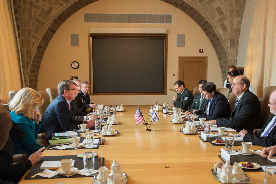 U.S. Defense Secretary Ash Carter and Israeli Defense Minister Moshe Yaalon meet at National Defense University, Washington, D.C., Oct. 27, 2015 to discuss matters of mutual importance. Both leaders also spoke to a class of U.S. and international students at NDU DoD photo by Air Force Senior Master Sgt. Adrian Cadiz