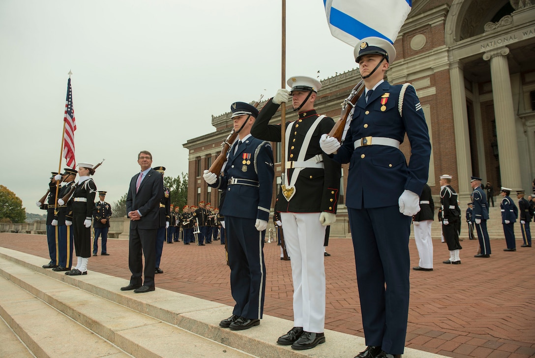 U.S. Defense Secretary Ash Carter waits for the arrival of Israeli Defense Minister Moshe Yaalon at National Defense University, Washington D.C., Oct. 27, 2015. Both leaders spoke to a class of U.S. and international students and met to discuss matters of mutual importance. DoD photo by Air Force Senior Master Sgt. Adrian Cadiz