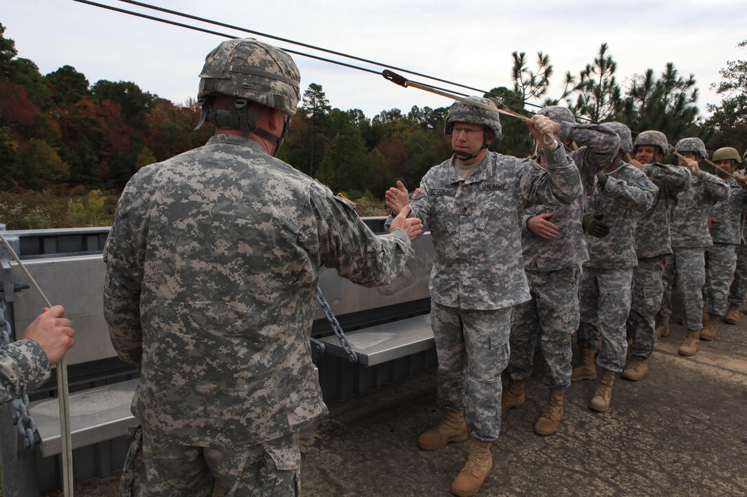 U.S. Army Brig. Gen. Christopher W. Stockel, Assistant Commanding General for U.S. Army Civil Affairs and Psychological Operations Command (USACAPOC), gives the 'all okay' to the Jumpmaster during pre-jump training at Fort Bragg, N.C., Oct. 26, 2015. USACAPOC conducts airborne operations in order to maintain proficiency and familiarization with the C-27 aircraft. Photo by Sgt. 1st Class Sean A. Foley (Released)