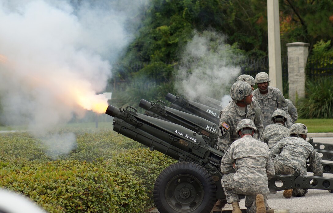 Soldiers of the 1st Battalion, 10th Field Artillery Regiment, 3rd Infantry Division conduct a cannon salute during the Army Reserve Medical Command change of command ceremony held Sept. 26, 2015 at the C.W. Bill Young Armed Forces Reserve Center in Pinellas Park, Fla. After the cannon salute, 1st Lt. Mario Mendez, the officer in charge of the salute battery, presented Maj. Gen. Bryan R. Kelly, the outgoing ARMEDCOM commander, with the last shell fired in honor of his long and distinguished service to the Army Reserve. Kelly is retiring, after 26 years of military service and plans to spend more time with his family and continue his civilian career as a clinical psychologist near his hometown of East Sandwich, Mass.