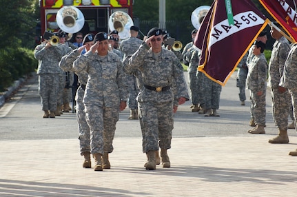 Col. Tracy L. Smith, the commander of troops for the Army Reserve Medical Command change of command ceremony, leads the outgoing commanding general Maj. Gen. Bryan R. Kelly, incoming commanding general Maj. Gen. Mary E. Link, and U.S. Army Reserve Command chief of staff Maj. Gen. Luis R. Visot on an inspection of troops during the ceremony Sept. 26, 2015, at the C.W. Bill Young Armed Forces Reserve Center in Pinellas Park, Fla. Smith is the outgoing chief of staff of ARMEDCOM, and Col. Elizabeth A. Baker is the incoming chief of staff.