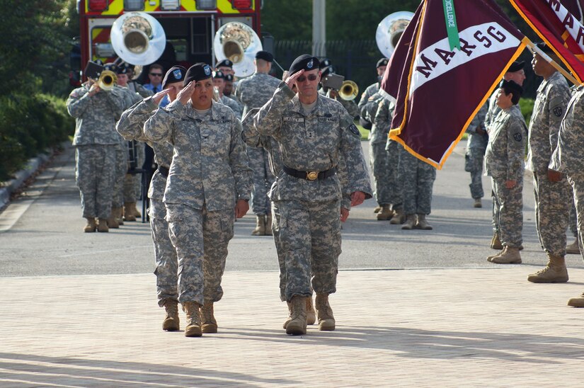 Col. Tracy L. Smith, the commander of troops for the Army Reserve Medical Command change of command ceremony, leads the outgoing commanding general Maj. Gen. Bryan R. Kelly, incoming commanding general Maj. Gen. Mary E. Link, and U.S. Army Reserve Command chief of staff Maj. Gen. Luis R. Visot on an inspection of troops during the ceremony Sept. 26, 2015, at the C.W. Bill Young Armed Forces Reserve Center in Pinellas Park, Fla. Smith is the outgoing chief of staff of ARMEDCOM, and Col. Elizabeth A. Baker is the incoming chief of staff.