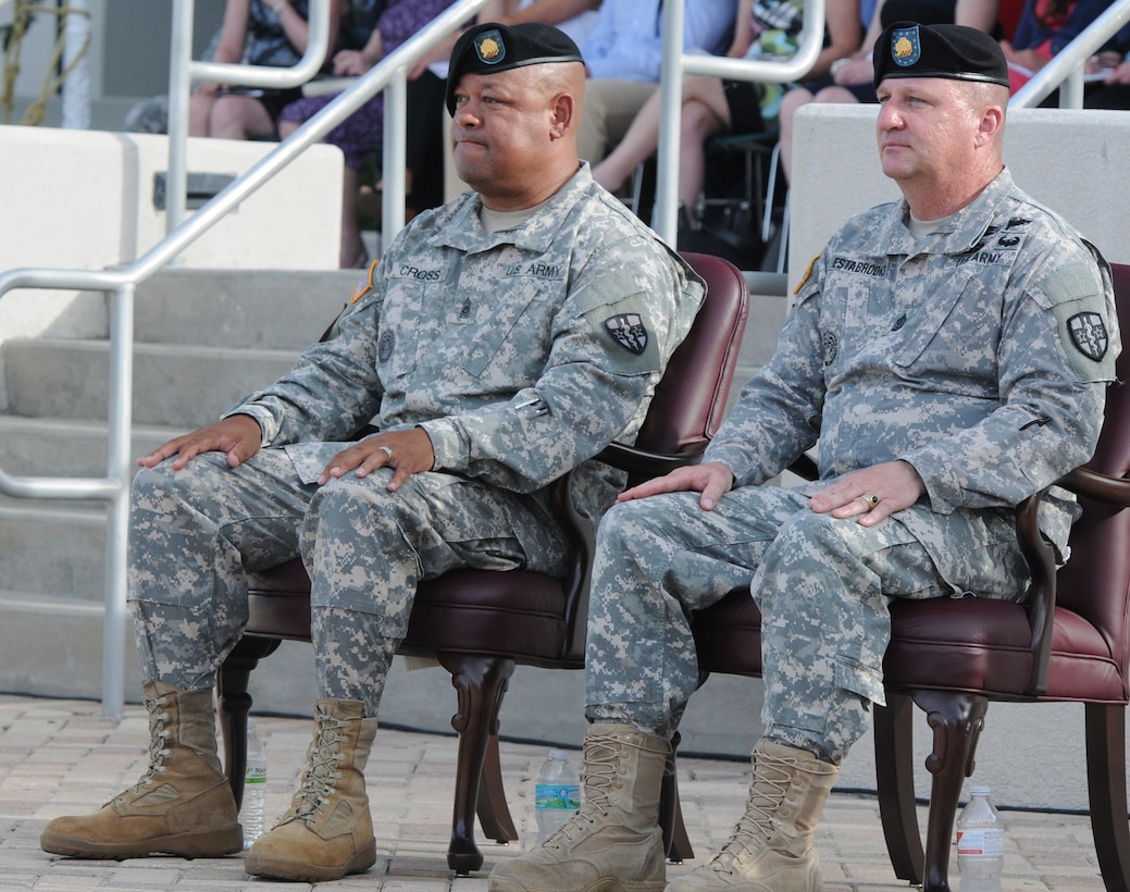 Command Sgt. Maj. Marlo V. Cross the incoming command sergeant major of the Army Reserve Medical Command, sits next to Command Sgt. Maj. Harold P. Estabrooks, the outgoing ARMEDCOM command sergeant major during the unit’s change of command and change of responsibility ceremony held Sept. 26, 2015, at the C.W. Bill Young Armed Forces Reserve Center. (U.S. Army photo Staff Sgt. Andrea Merritt/Released)