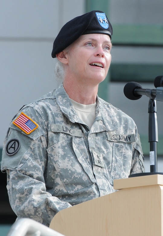 Maj. Gen. Mary E. Link, the incoming commanding general of the Army Reserve Medical Command, delivers a speech during the ARMEDCOM change of command ceremony held Sept. 26, 2015 at the C.W. Bill Young Armed Forces Reserve Center in Pinellas Park, Fla. “Our main mission is to care for the wounded and ill Soldiers of the rest of the Army, and add to the other services also,” Link said. “I know that were are up to the task.” Link became the fifth commander and first woman in the 10-year history of the unit to take command.