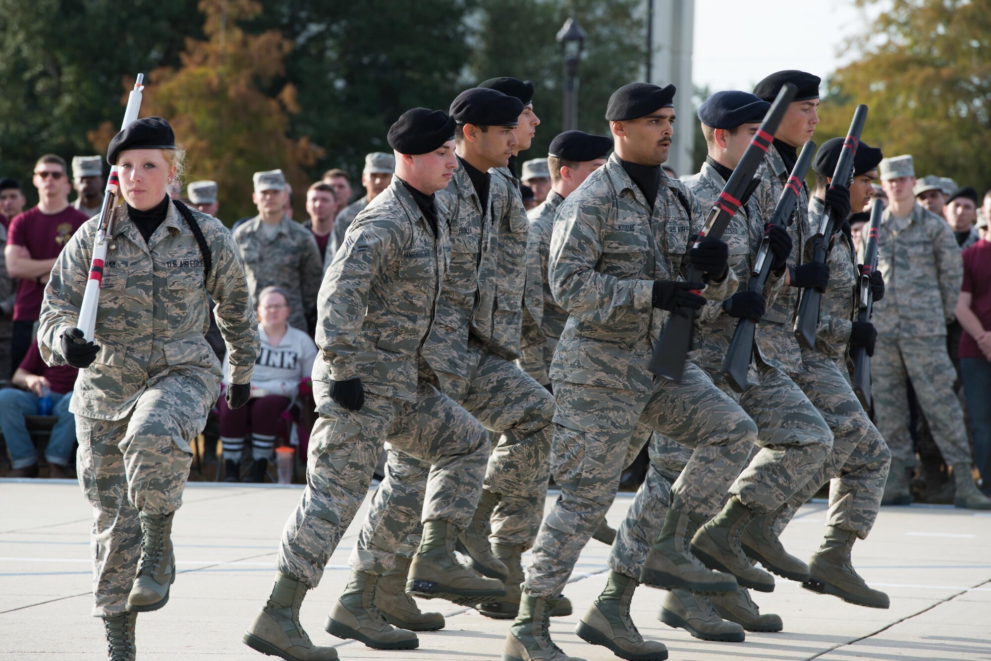 Members of the 336th Training Squadron “Red Wolves” freestyle drill team perform during the 81st Training Group drill down at the Levitow Training Support Facility Drill Pad, Oct. 23, 2015, Keesler Air Force Base, Miss. The 336th TRS“Red Wolves” placed second in open ranks, first in freestyle and second overall. (U.S. Air Force photo by Marie Floyd)