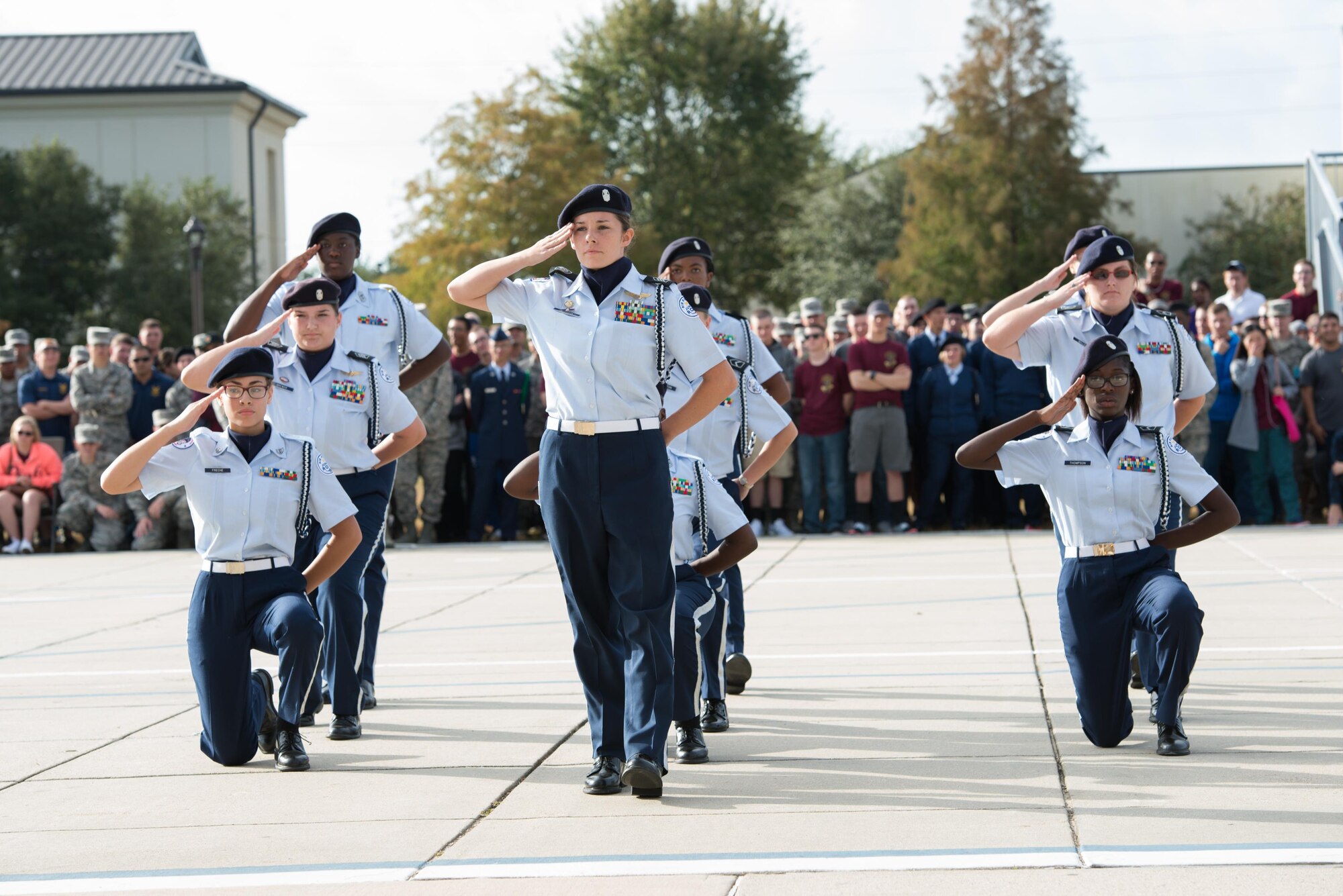 Members of the Biloxi High School Junior ROTC drill team perform during the 81st Training Group drill down at the Levitow Training Support Facility Drill Pad, Oct. 23, 2015, Keesler Air Force Base, Miss. The 334th Training Squadron placed first overall in the event. (U.S. Air Force photo by Marie Floyd)