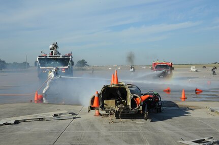 Joint Base San Antonio-Randolph firefighters, help to put out a simulated fire during a mass casualty exercise at JBSA-Randolph Oct. 6, 2015.  Military bases conduct exercises to ensure proficiency of base personnel and emergency response teams' ability to respond to any threat to the installation.