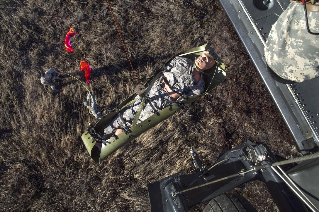 Soldiers guide a stretcher as they hoist it to a UH-60 Black Hawk helicopter during casualty evacuation training on Joint Base Elmendorf-Richardson, Oct. 21, 2015. U.S. Air Force photo by Alejandro Pena