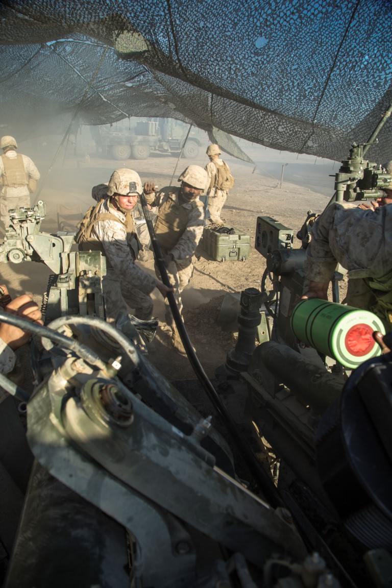 U.S. Marines with Battery “B”, 2nd Battalion, 1st Marine Regiment, load a M777A2 Howitzer during Composite Training Unit Exercise (COMPTUEX) at San Clemente Island, Calif, on Oct. 22, 2015. COMPTUEX provides the PHIBRON-MEU the opportunity to integrate planning while also allowing focused, mission-specific training and evaluation for the Marines and their Navy Counterparts. (U.S. Marine Corps photo by Sgt. Hector de Jesus/Released)