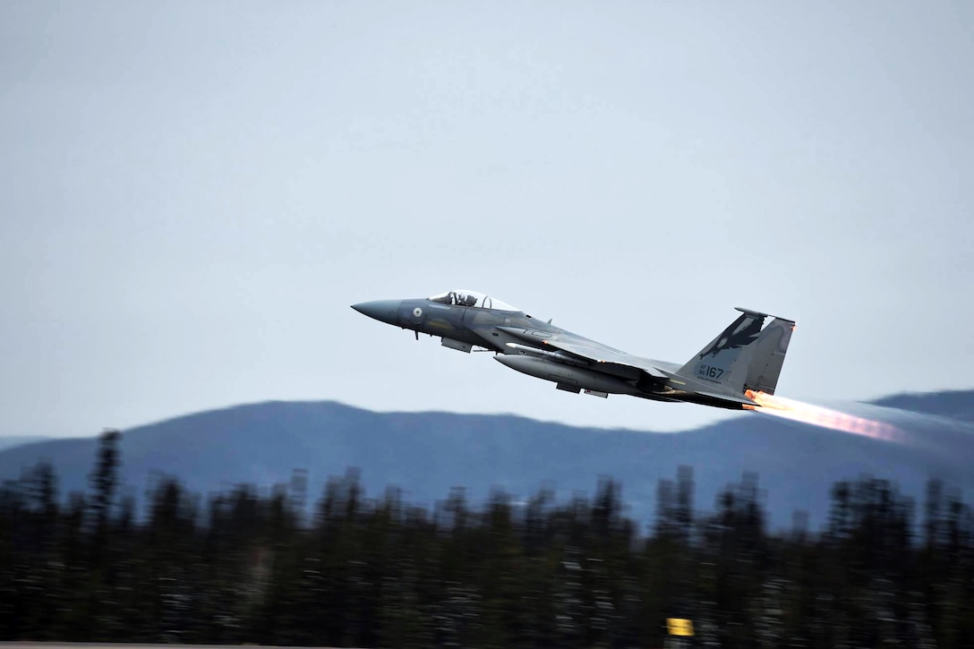 U.S. Air Force 1st Lt. Johnathan Pavan pilots an F-15C Eagle as it takes off from the 5 Wing Goose Bay base in Labrador, Canada, Oct. 20, 2015, during exercise Vigilant Shield 16. Pavan is with the 144th Fighter Wing, California Air National Guard. California National Guard photo by Air Force Senior Master Sgt. Chris Drudge