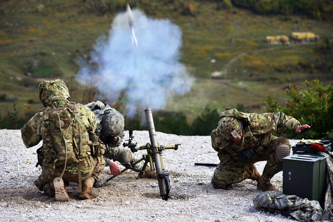 U.S. Army paratroopers fire an M224 60 mm mortar system during a live-fire exercise as part of Exercise Rock Proof V at Pocek Range in Postojna, Slovenia, Oct. 19, 2015. The paratroopers are assigned to the 173rd Airborne Brigade. U.S. Army photo by Paolo Bovo