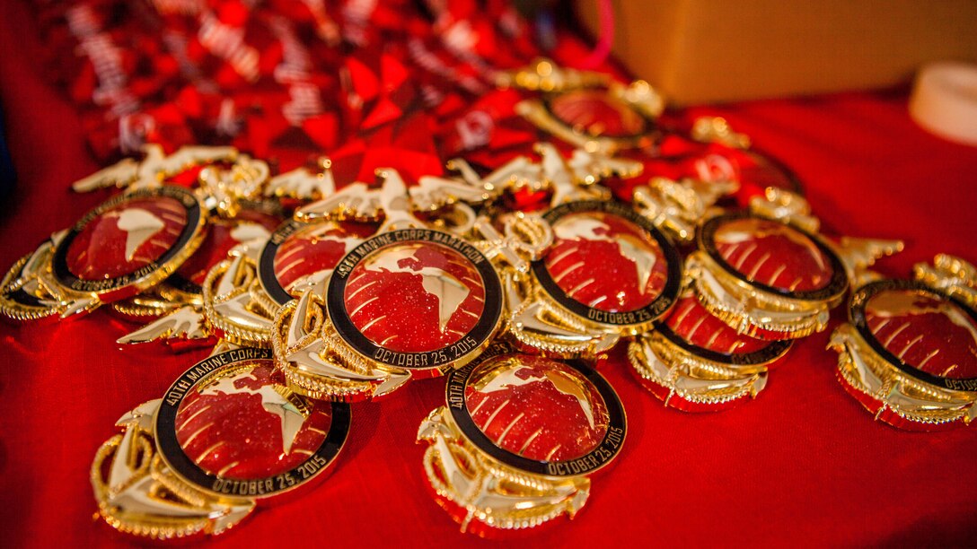 The ruby Eagle, Globe and Anchor medals were given to those who completed the 40th Marine Corps Marathon at Arlington, Va., Oct. 25. The medal celebrates the event’s ruby anniversary.