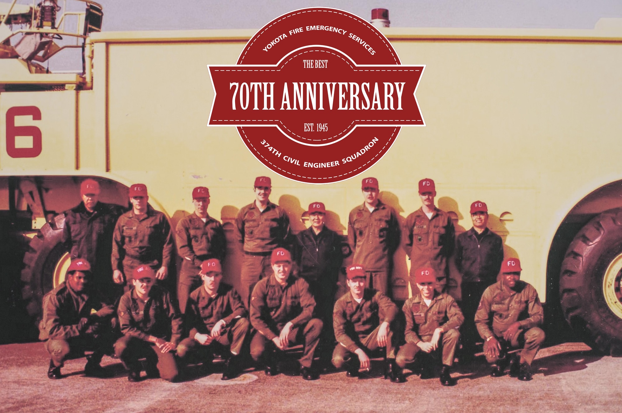 Yokota firefighters pose for a group photo circa 1985 at Yokota Air Base, Japan. (Courtesy photo by 374th Civil Engineer Squadron/Released)