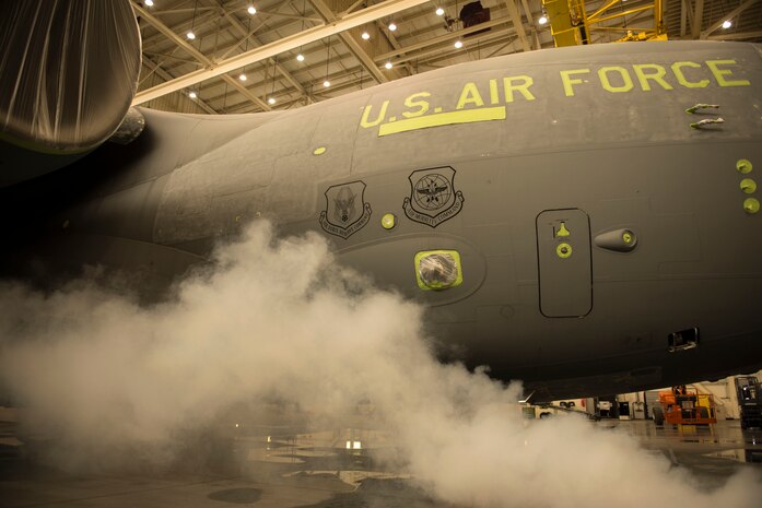 This C-17 Globemaster III is in the process of being sanded, washed and painted by members of the 437th Maintenance Squadron at Joint Base Charleston – Air Base, S.C., on Oct. 15, 2015. This facility is used for the sanding and painting maintenance for local JB Charleston aircraft. (U.S. Air Force photo/Airman 1st Class Thomas T. Charlton)