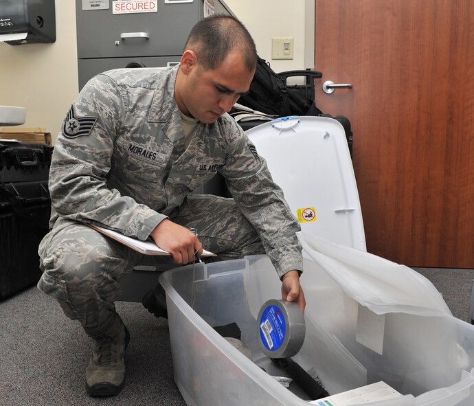 Staff Sgt. Joshua Morales, 341st Medical Support Squadron unit deployment manager, inventories a shelter in place kit Oct. 26, 2015, at Malmstrom Air Force Base, Mont. Approximately 18 enlisted 4A0 Health Services Management technicians including Morales are assigned to the 341st Medical Group and fill a wide variety of roles in the Malmstrom Clinic including managing records, arranging patient travel and ensuring overall unit readiness. (U.S. Air Force photo/John Turner)