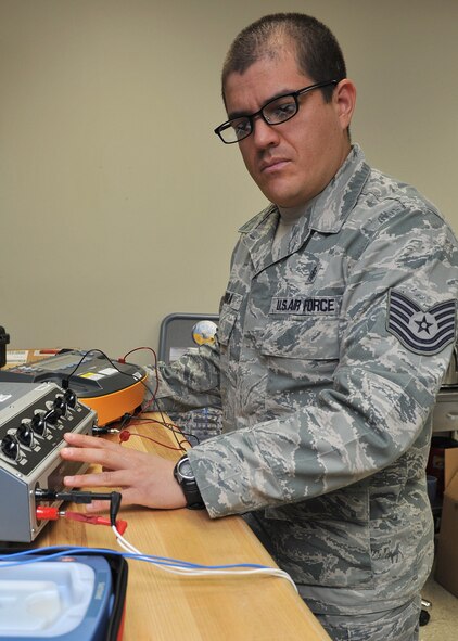 Tech. Sgt. Leonardo Mora, 341st Medical Support Squadron NCO in charge of medical maintenance, tests an automatic external defibrillator Oct. 26, 2015, at Malmstrom Air Force Base, Mont. As the only 4A2 biomedical equipment technician on base, Mora ensures approximately 900 pieces of medical equipment operate according to manufacturers’ specifications. (U.S. Air Force photo/ John Turner)