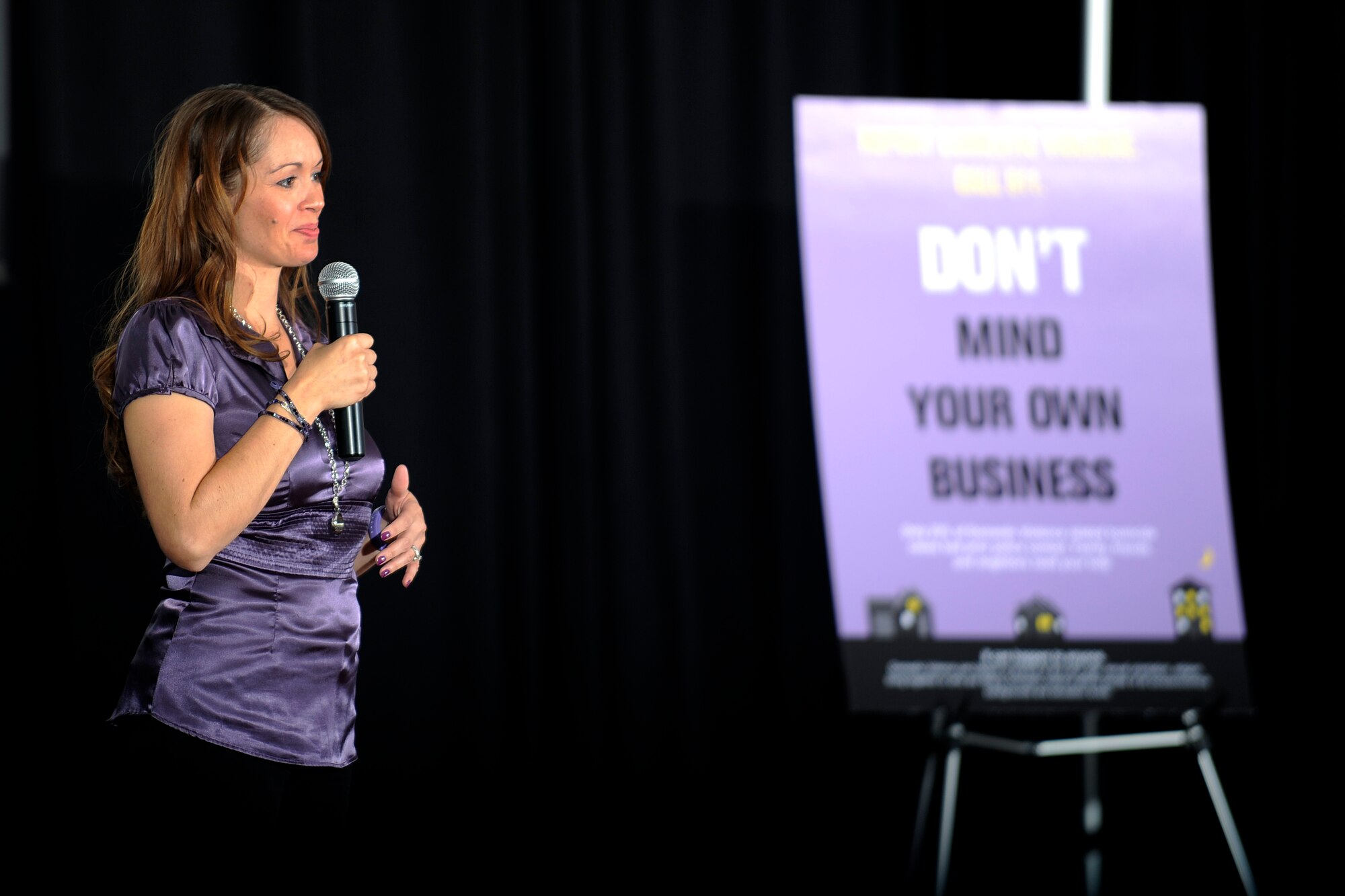 Doris Rivera-Black, a survivor of sexual assault and domestic violence, shared her story with cadets and Airmen Oct. 15, 2015 in Arnold Hall as part of the Air Force Academy’s efforts to highlight Domestic Violence Awareness Month. (U.S. Air Force photo by Jason Gutierrez)