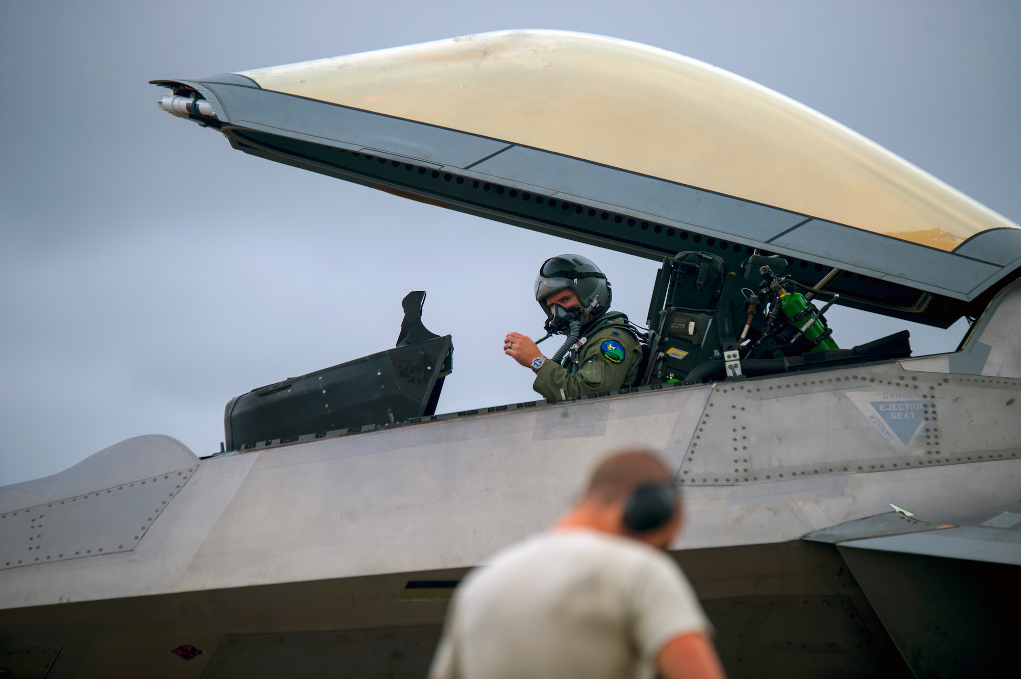 Lieutenant Col. Gregory Preisser, 325th Fighter Wing chief of safety, completes final pre-flight check Oct. 27, before engaging in Exercise Southern Strike at Naval Air Station Joint Reserve Base Belle Chasse, La. The mock deployment gave Tyndall pilots the opportunity to fly with, and against, other fighter jets from around the country. (U.S. Air Force photo by Staff Sgt. Russ Jackson)