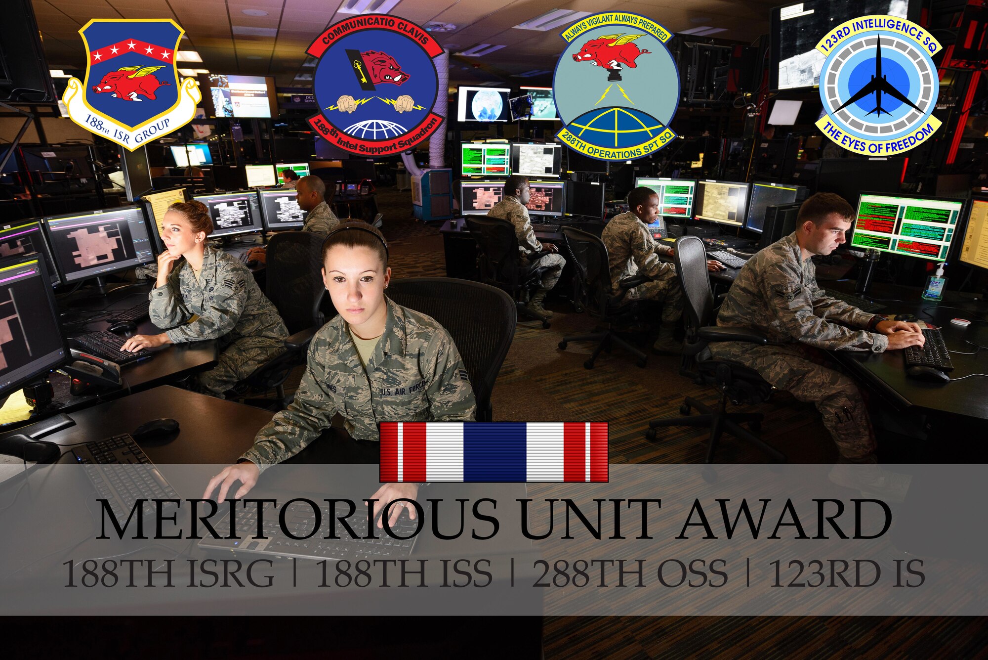 Air Combat Command announced that four units assigned to the 188th Wing, which included the 188th Intelligence, Surveillance and Reconnaissance Group, 123rd Intelligence Squadron, 188th Intelligence Support Squadron and the 288th Operations Support Squadron, were among those honored with the prestigious Meritorious Unit Award for 2015. (U.S. Air National Guard graphic/Released)