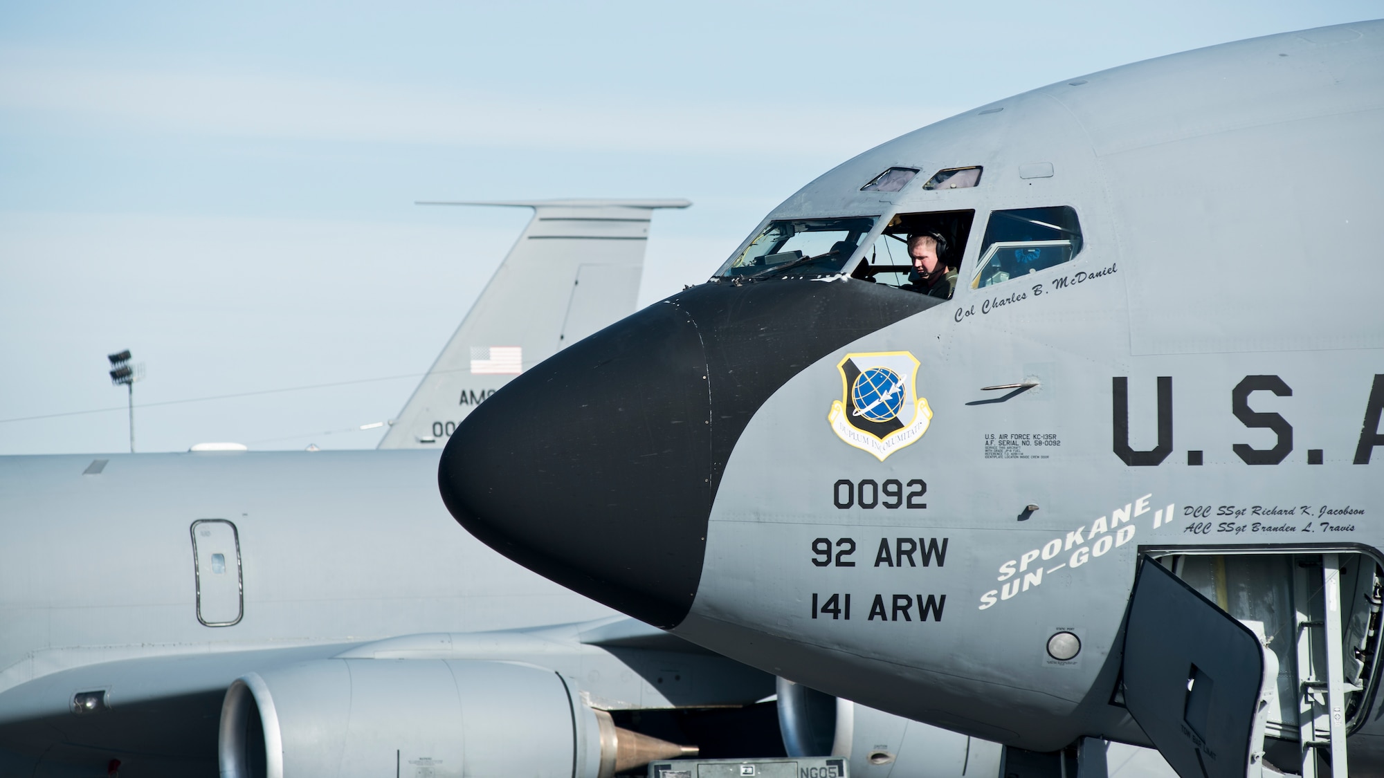 Capt. Tim McBride, 93rd Air Refueling Squadron instructor pilot, taxies in a KC-135 Stratotanker after conducting a refueling mission Oct. 23, 2015, at Fairchild Air Force Base, Wash. This particular KC-135 is the first of 22 KC-135’s at Fairchild to receive the Block-45 upgrade. The Block 45 upgrade consists of a new, more advanced auto pilot, radio altimeter, digital liquid crystal display and several other small changes to the interface. (U.S. Air Force photo/Airman 1st Class Sean Campbell)