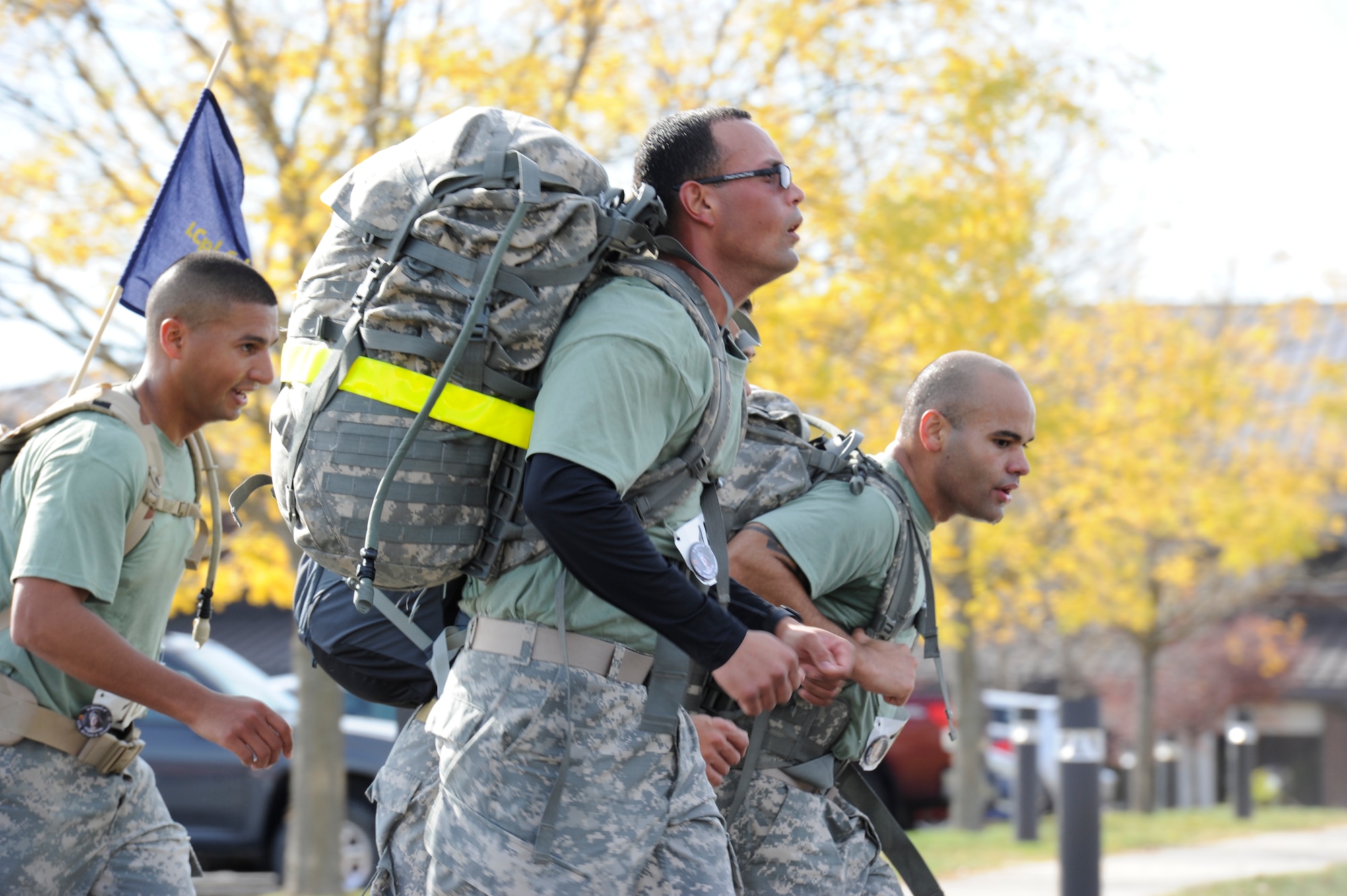 A team of Soldiers run in the ninth annual Gold Star Ruck March Oct. 24, 2015, at Joint Base McGuire-Dix-Lakehurst, N.J. The event is held for Gold Star Moms, a charitable organization which supports family members who have lost a loved one in the line of military service. (U.S. Air Force photo by Senior Airman Sean M. Crowe/Released)