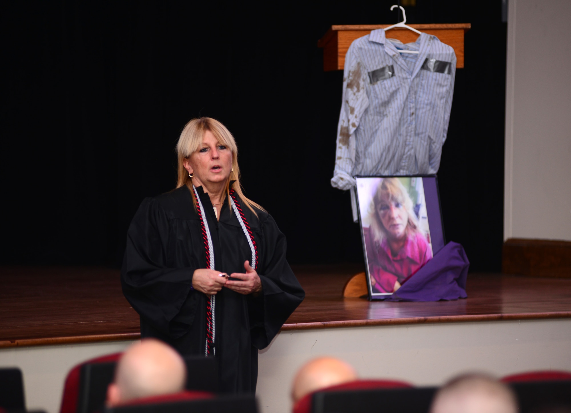 Lois Sparber, Hampton, Va., resident, speaks to an audience about her experience as a victim of domestic violence during a briefing at Fort Eustis, Va., Oct. 21, 2015. According to Sparber, she was married to her abuser for approximately 20 years before seeking a divorce in lieu of the violence she endured. (U.S. Air Force photo by Senior Airman Aubrey White/Released)