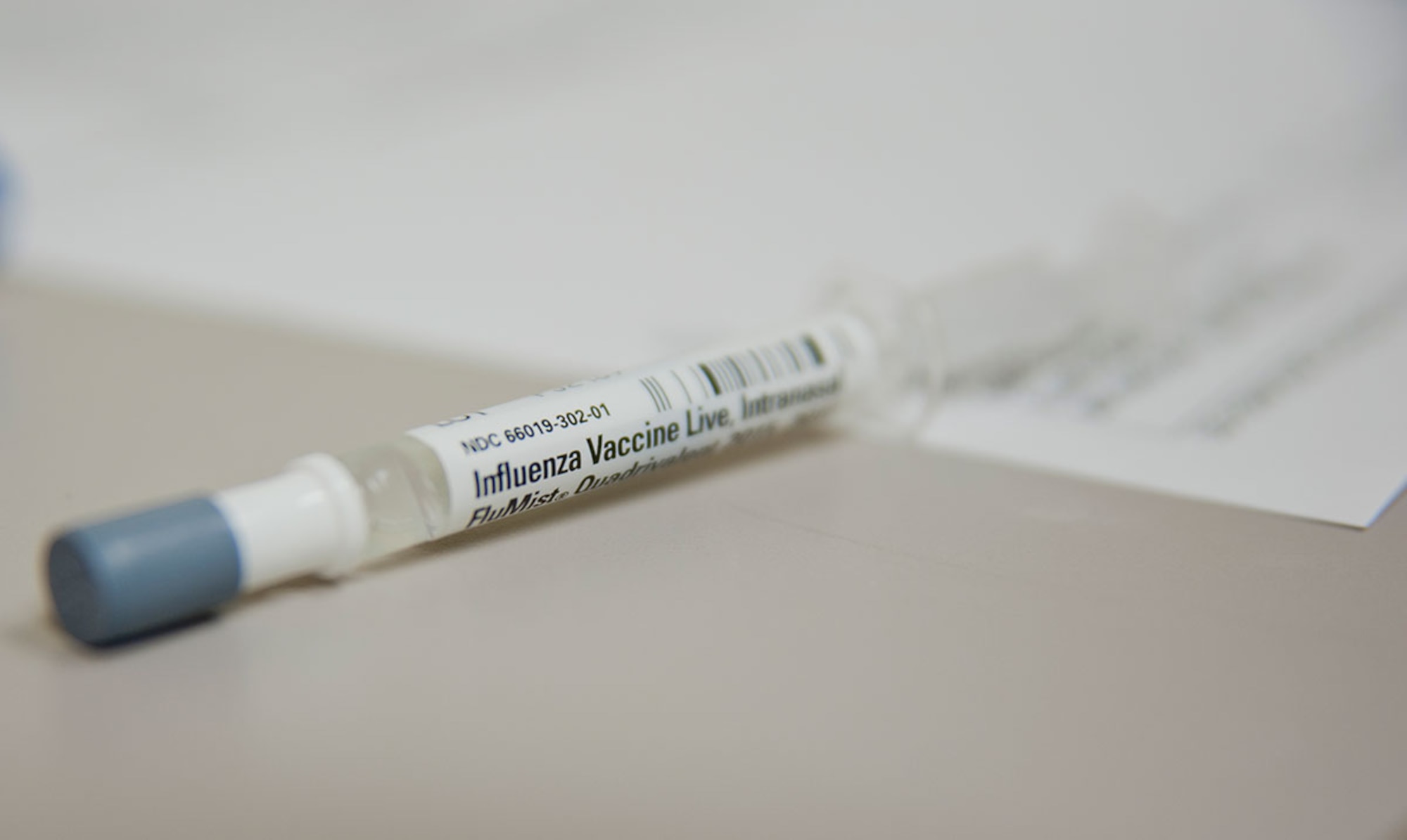 The flu nasal spray and flu shot are ways to prevent contracting the influenza virus during the flu season. According to the Centers for Disease Control and Prevention website www.cdc.gov, influenza is a contagious upper-respiratory illness and can cause mild to severe ailment, which can lead to death. Individuals who have the flu may experience fevers, coughing, sore throat, runny or stuffy nose, muscle or body aches, headaches, tiredness and sometimes even vomiting and diarrhea. (U.S. Air Force photo/Senior Airman Tammie Ramsouer)