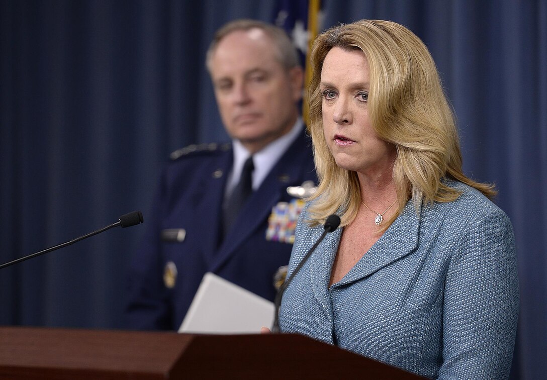 Secretary of the Air Force Deborah Lee James makes the announcement about of the award of the long range strike bomber contract with Air Force Chief of Staff Gen. Mark A. Welsh III, during a press briefing in the Pentagon, Oct. 27, 2015. During her comments, James stated that we need to invest the right people, technology, capability, and training to defend the nation and its interest--always with affordability and tight budgets in mind. (U.S. Air Force photo/Scott M. Ash)