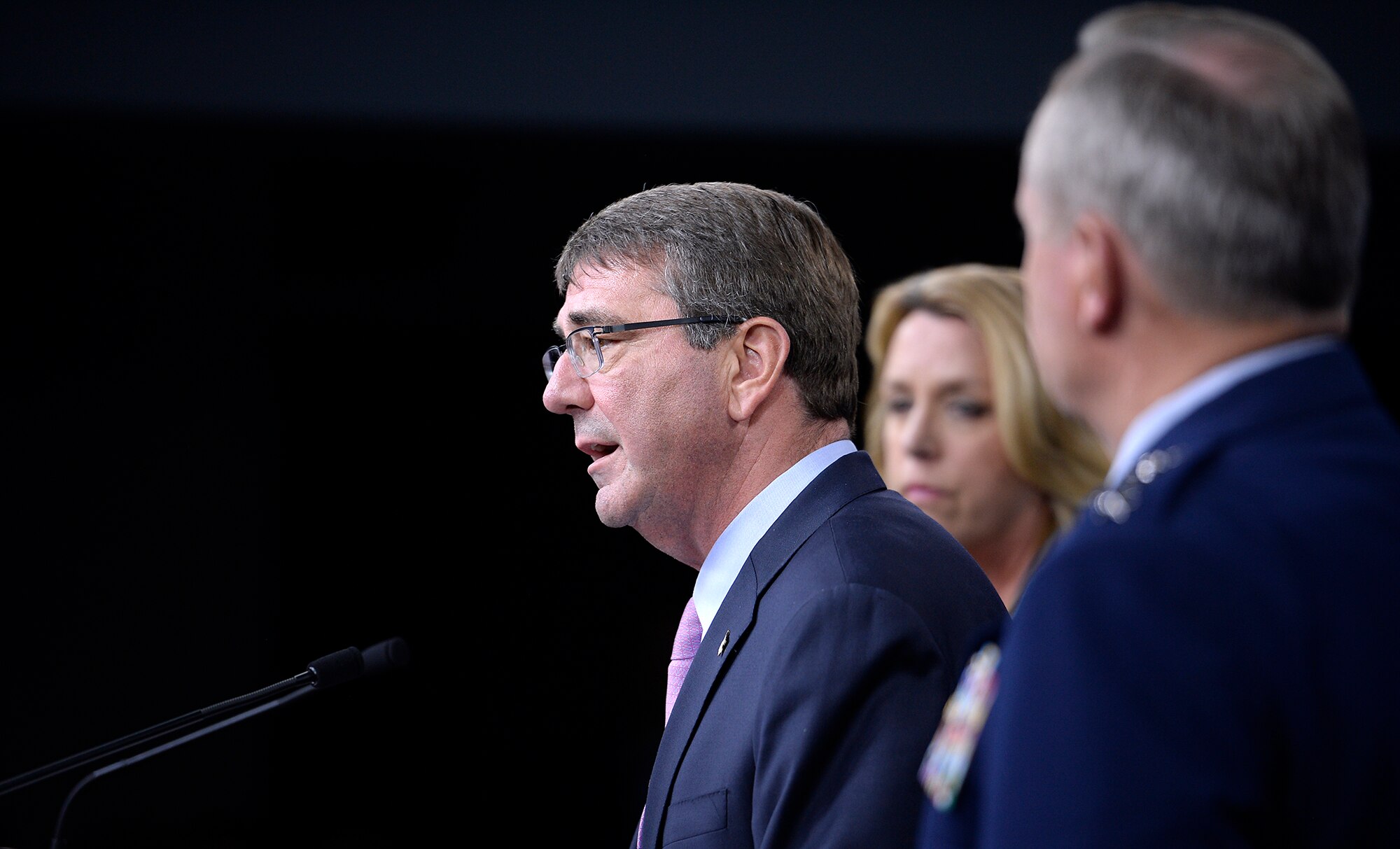 Secretary of Defense Ashton Carter introduces Secretary of the Air Force Deborah Lee James and Air Force Chief of Staff Gen. Mark A. Welsh III, during a press briefing to announce the award of the long range strike bomber contract in the Pentagon, Oct. 27, 2015. We need to invest the right people, technology, capability, and training to defend the nation and its interest--always with affordability and tight budgets in mind. (U.S. Air Force photo/Scott M. Ash)