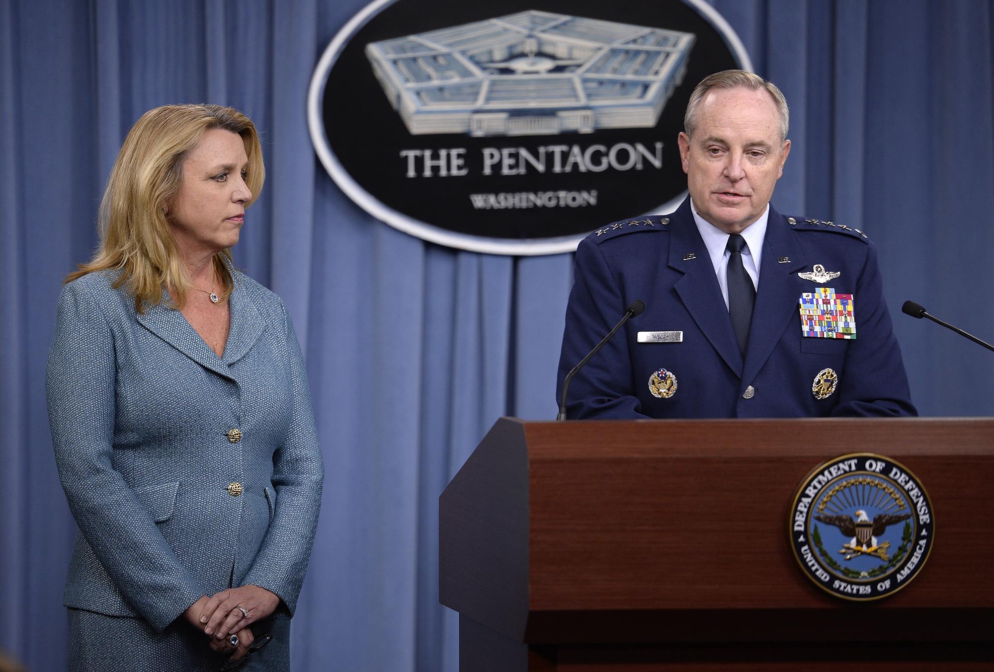Air Force Chief of Staff Gen. Mark A. Welsh III delivers his statement with Secretary of the Air Force Deborah Lee James during a press briefing to announce he award of the long range strike bomber contract in the Pentagon, Oct. 27, 2015. During his comments, Welsh stated that the LRS-B will provide our nation tremendous flexibility as a duel-capable bomber and the strategic agility to respond and adapt faster than out potential adversaries. (U.S. Air Force photo/Scott M. Ash)