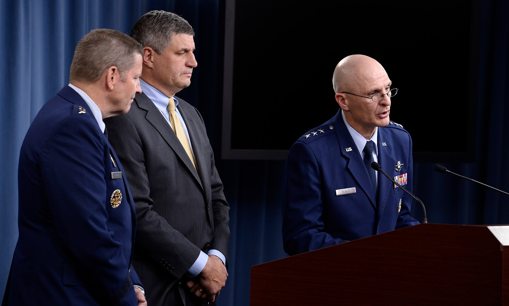 Lt. Gen. Arnold Bunch Jr., the military deputy for the Office of the Assistant Secretary of the Air Force for Acquisition, Dr. Brad LaPlante, the assistant secretary of the Air Force for acquisition, and Gen. Robin Rand, commander of Air Force Global Strike Command answer questions after Secretary of the Air Force Deborah Lee James and Air Force Chief of Staff Gen. Mark A. Welsh III announced the award of the long range strike bomber contract in the Pentagon during a press briefing, Oct. 27, 2015. (U.S. Air Force photo/Scott M. Ash)