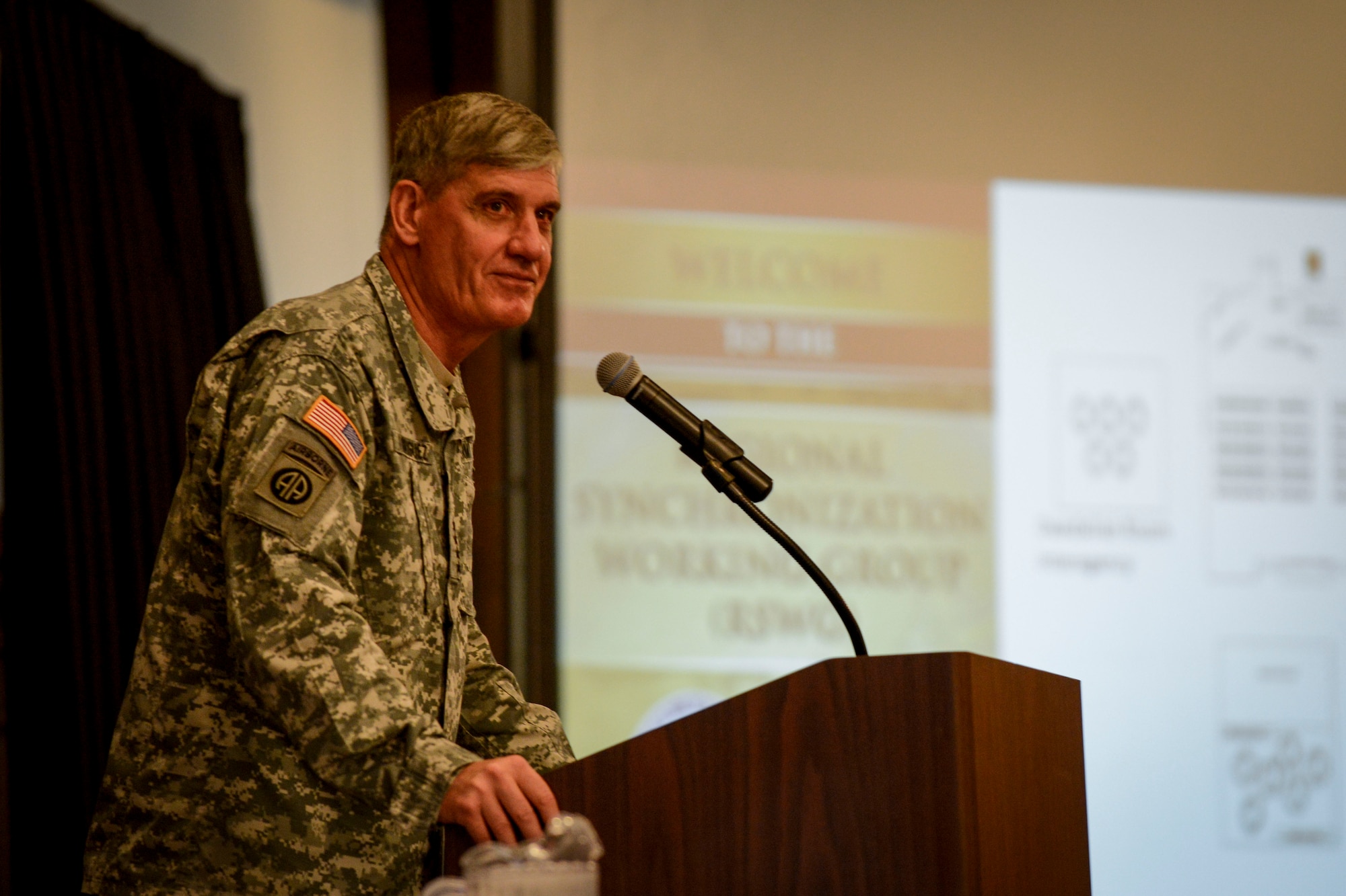 U.S. Army Gen. David M. Rodriguez, U.S. Africa Command commander gives his opening comments during the kickoff for the annual Regional Synchronization Working Group conference Oct. 26, 2015, at Ramstein Air Base, Germany.  The conference was a kickoff to the five-day event that invited more than 200 U.S. service members and NATO partners to come together and discuss future planning for AFRICOM. (U.S. Air Force photo/Senior Airman Nicole Sikorski)