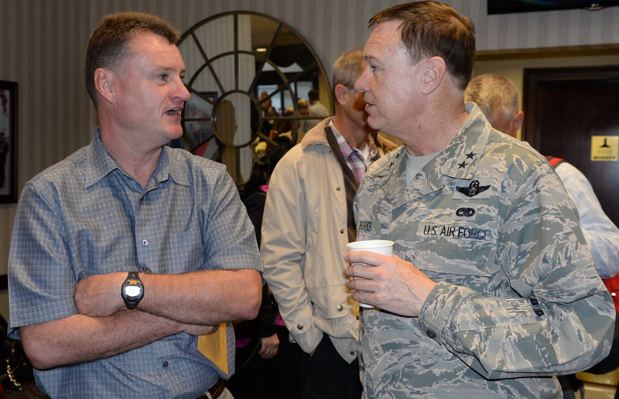 Air Force District of Washington Commander Maj. Gen. Darryl Burke meets with Air Commodore Richard Powell, British Air Attaché, before he departs Joint Base Andrews Oct. 25, 2015.  Air Attachés from several countries are currently touring Air Force installations across the United States to gain familiarity with the Air Force mission and to help build and sustain relationships between the U.S. and their respective countries. 